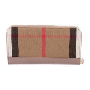 Burberry Large Check Zip Around Leather Canvas Wallet Grey Mink 8084517